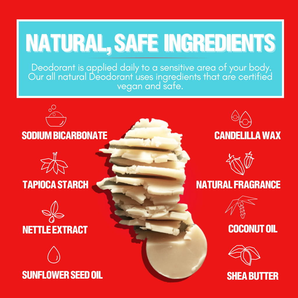 Deodorant with natural ingredients listed on a red background