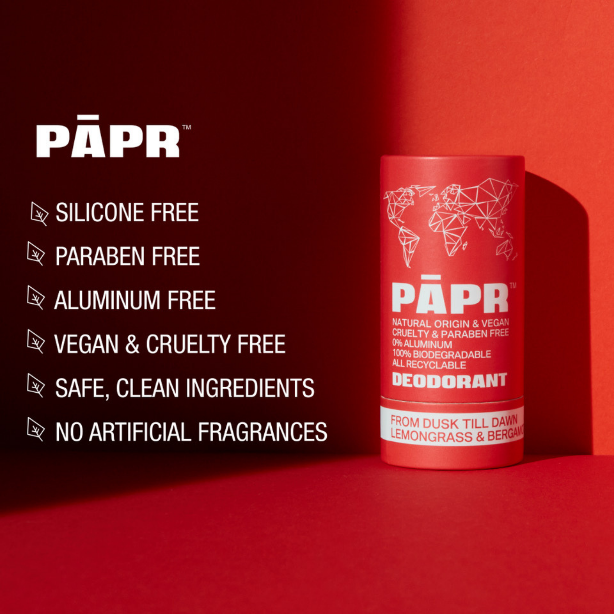 PAPR deodorant tube on a red background with product features listed.