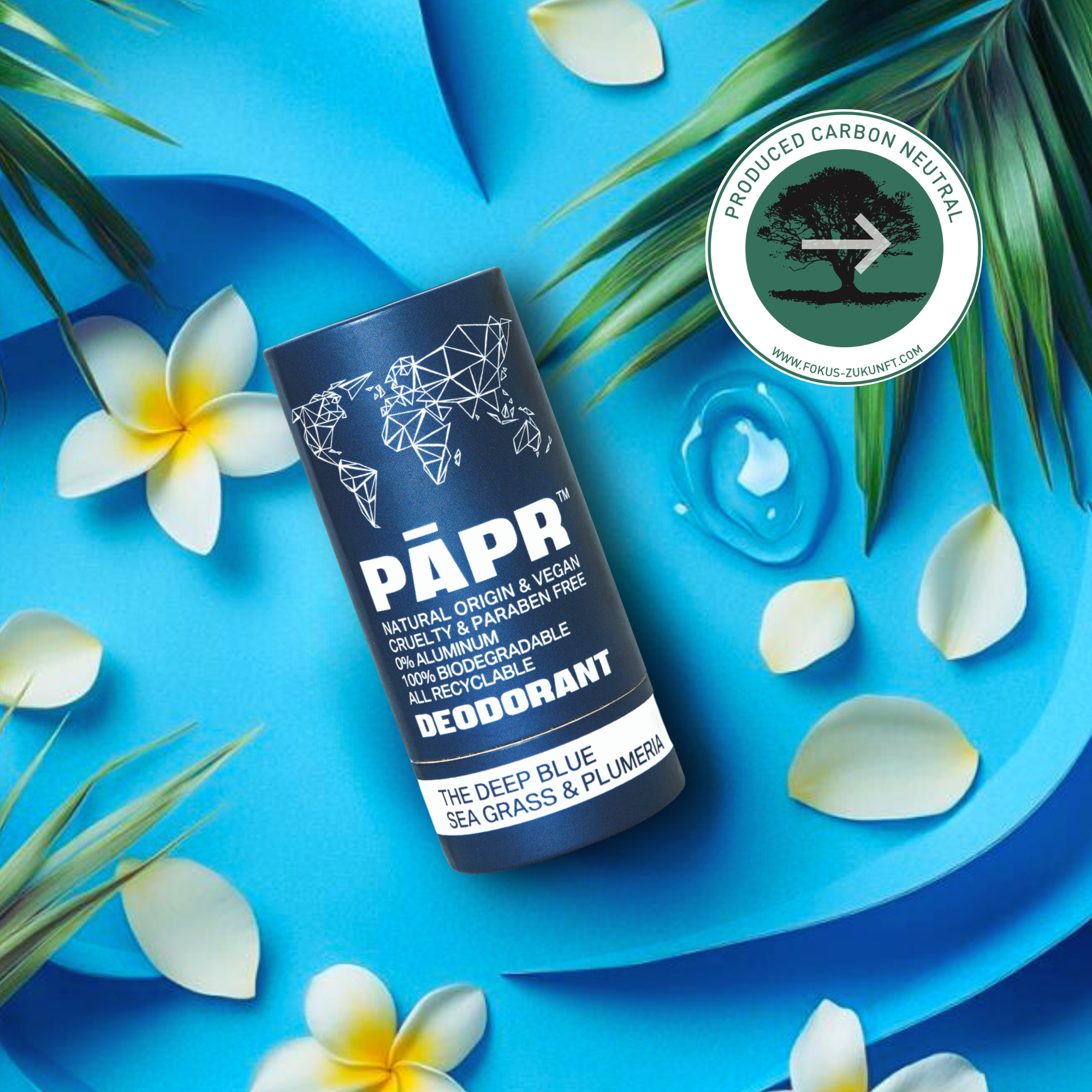 PAPR deodorant container on a blue background with flowers and palm leaves