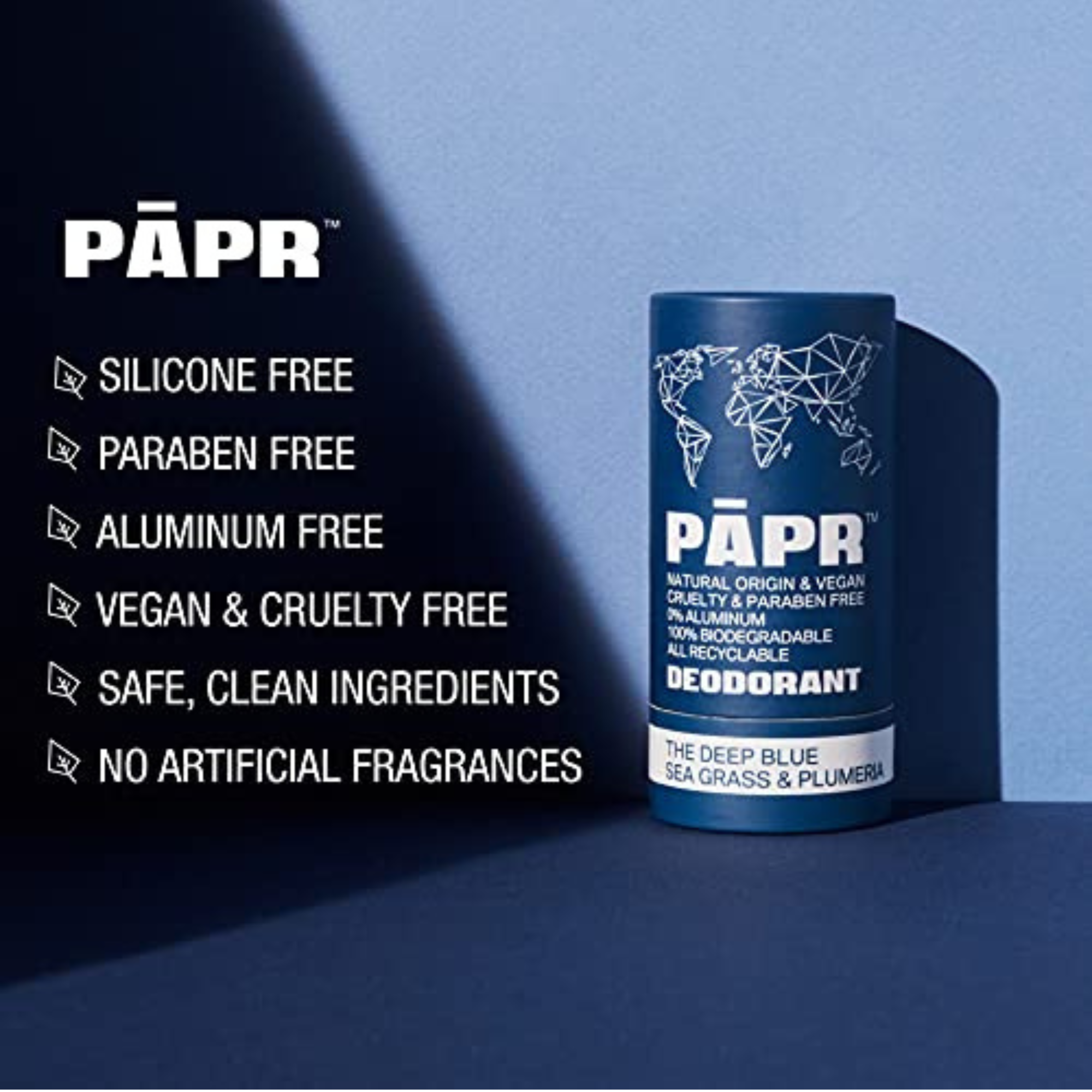 PAPR deodorant tube with features listed on a blue background