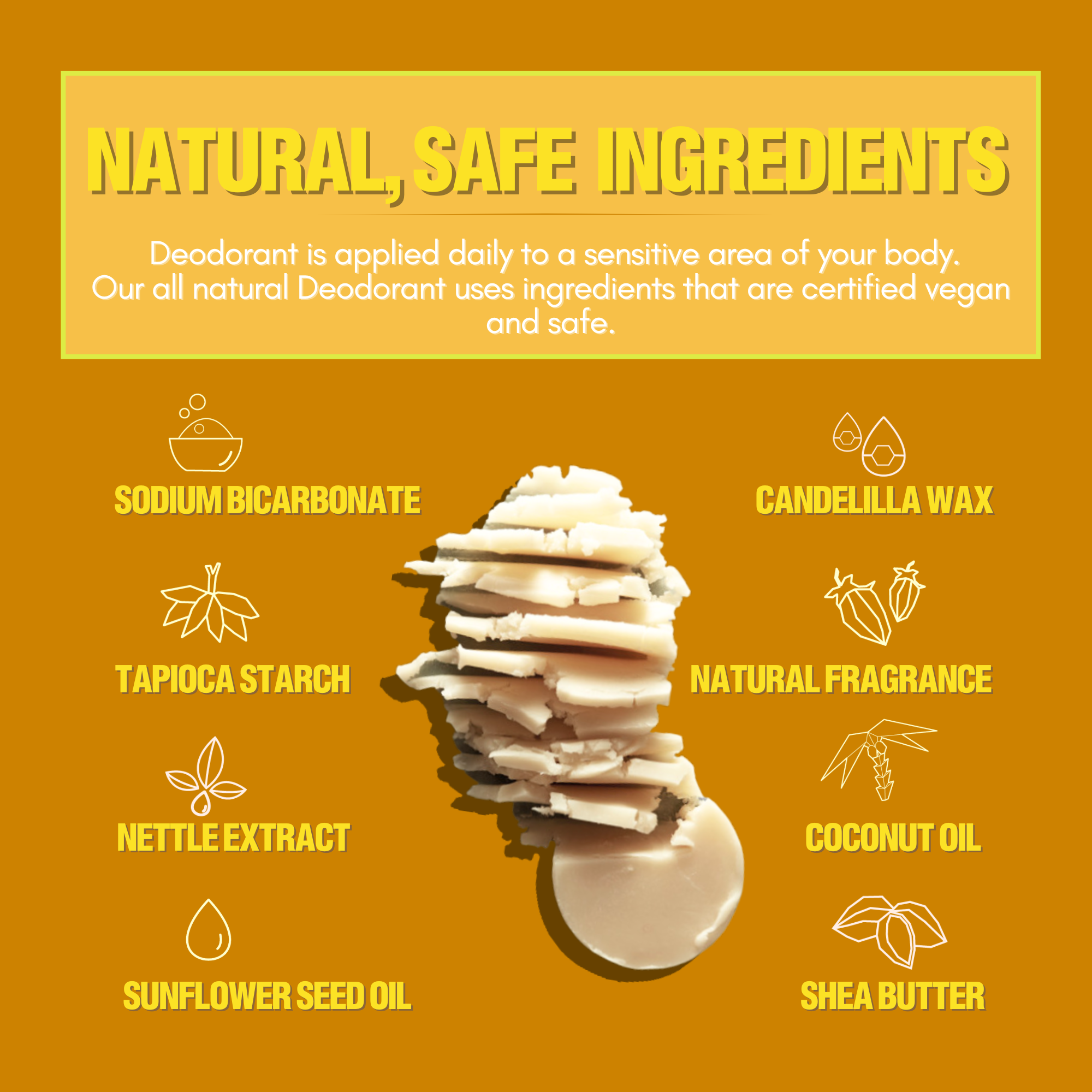 Deodorant with natural ingredients listed on a yellow background