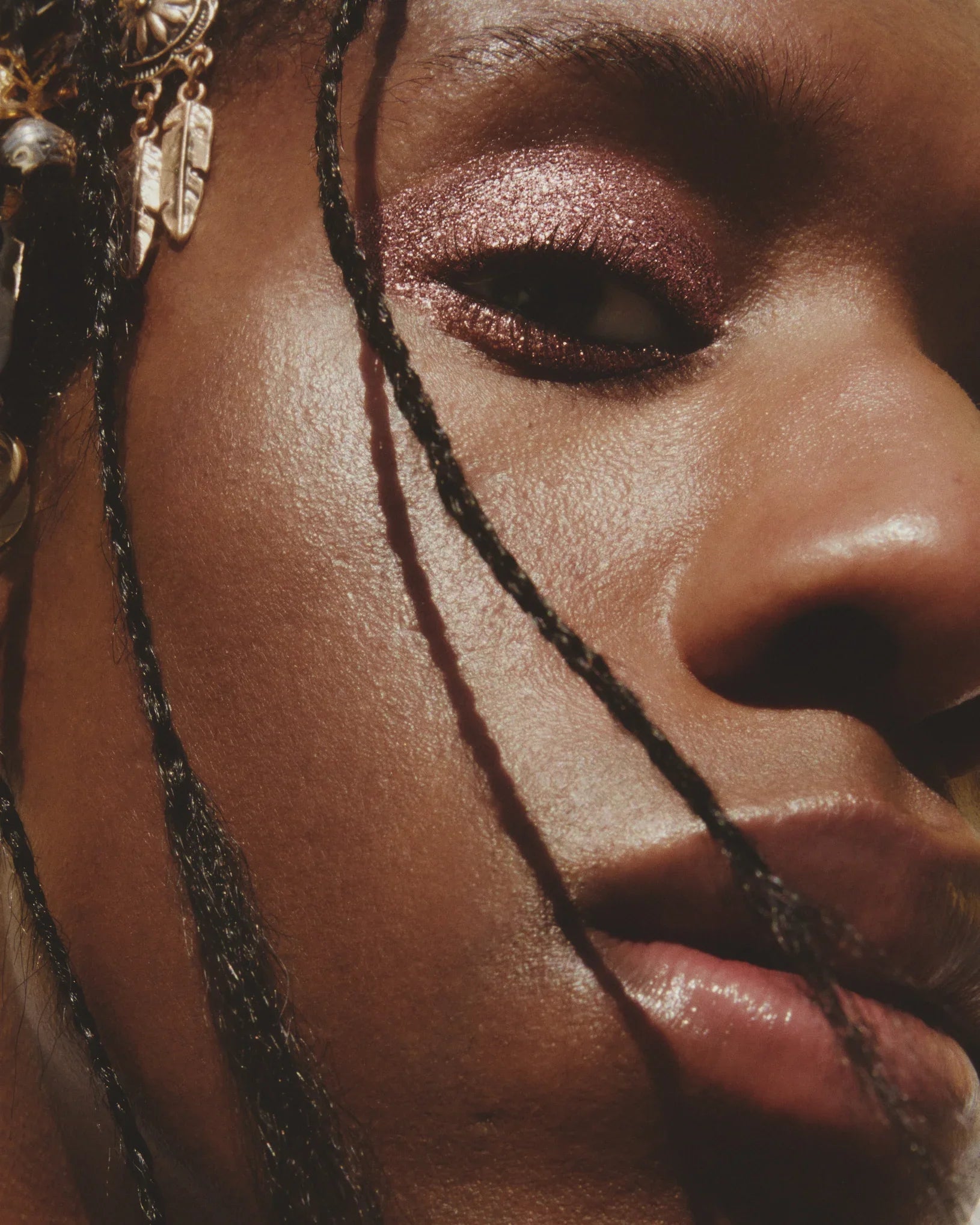 Close-up of a person's face with glittery eye makeup and braided hair.