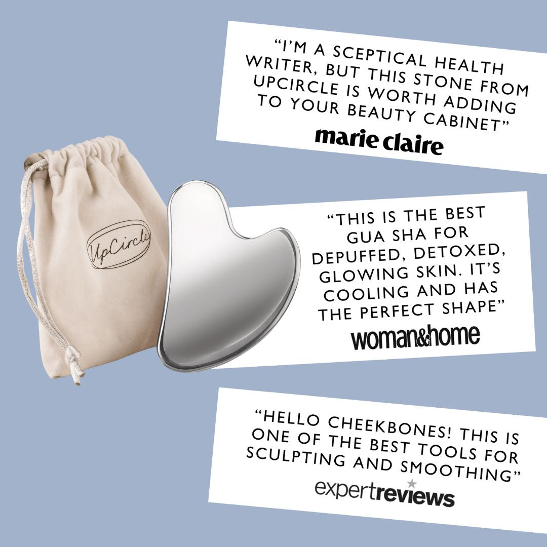Gua sha tool with positive reviews on a light blue background.