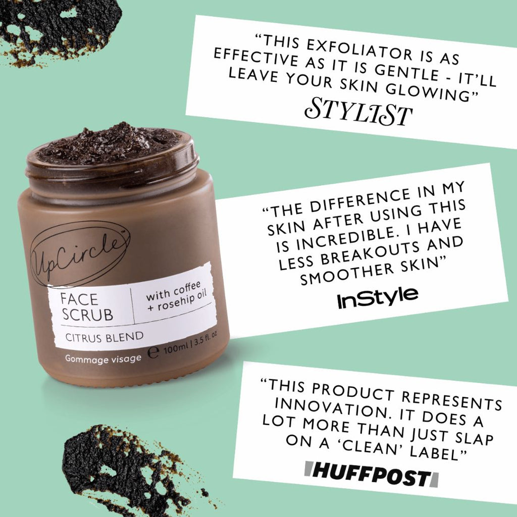 UpCircle Face Scrub jar with product description and positive reviews on a green background