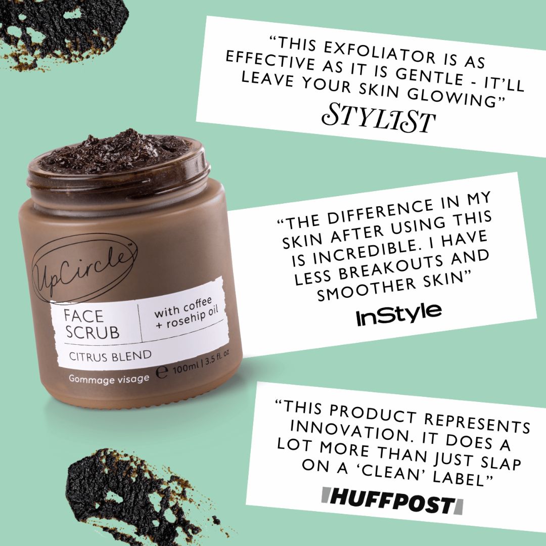 UpCircle Face Scrub jar with product description and positive reviews on a green background