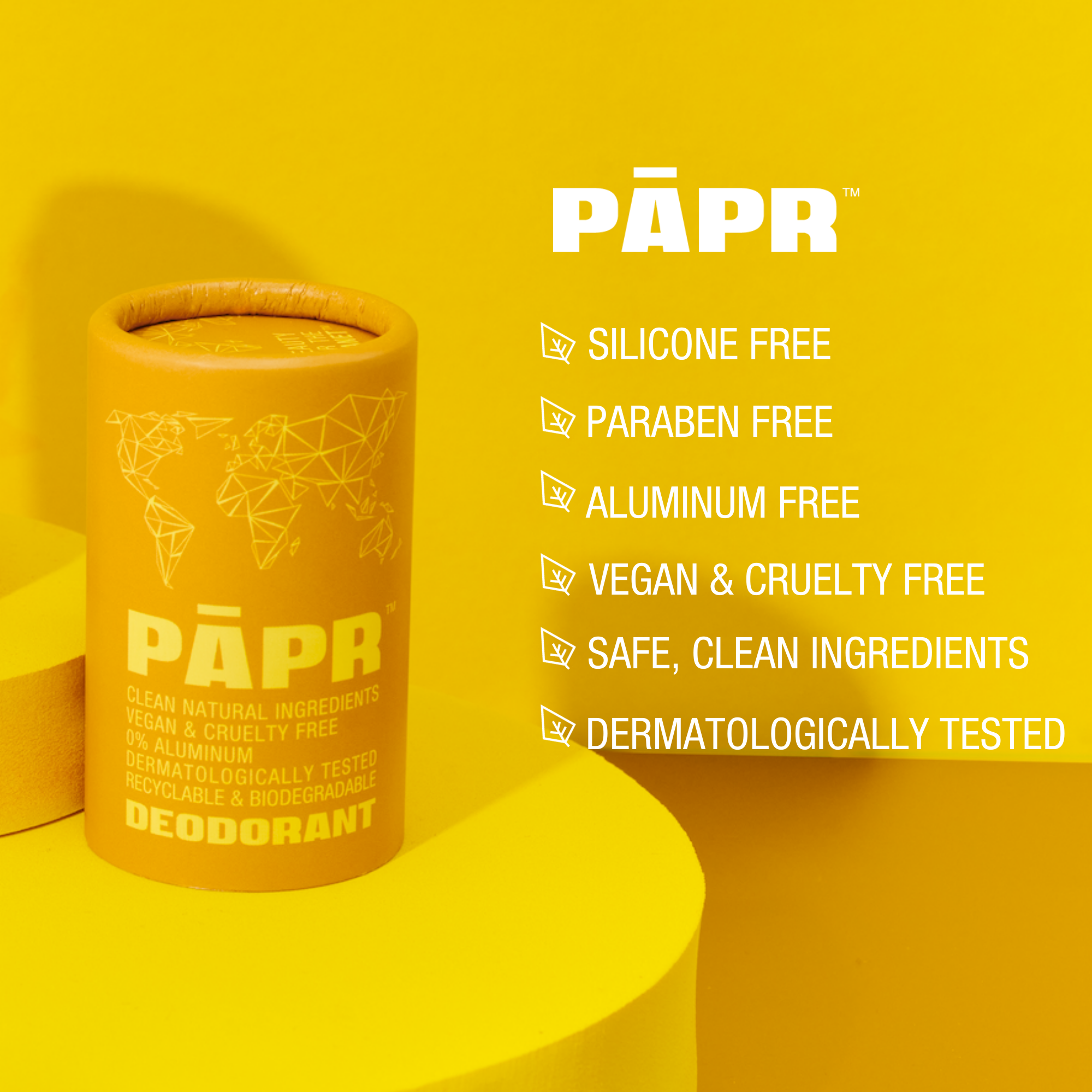 PAPR deodorant tube on a yellow background with brand information.