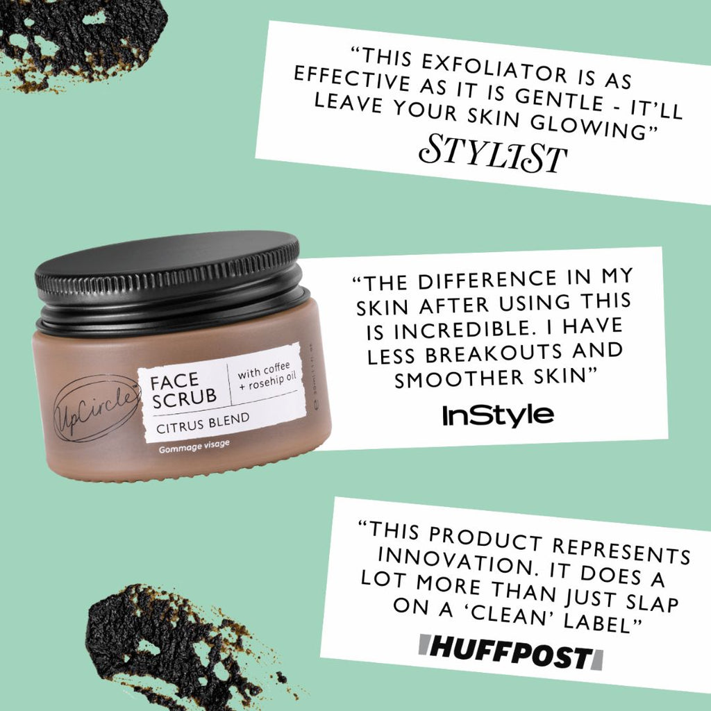 Face scrub jar with text on a green background