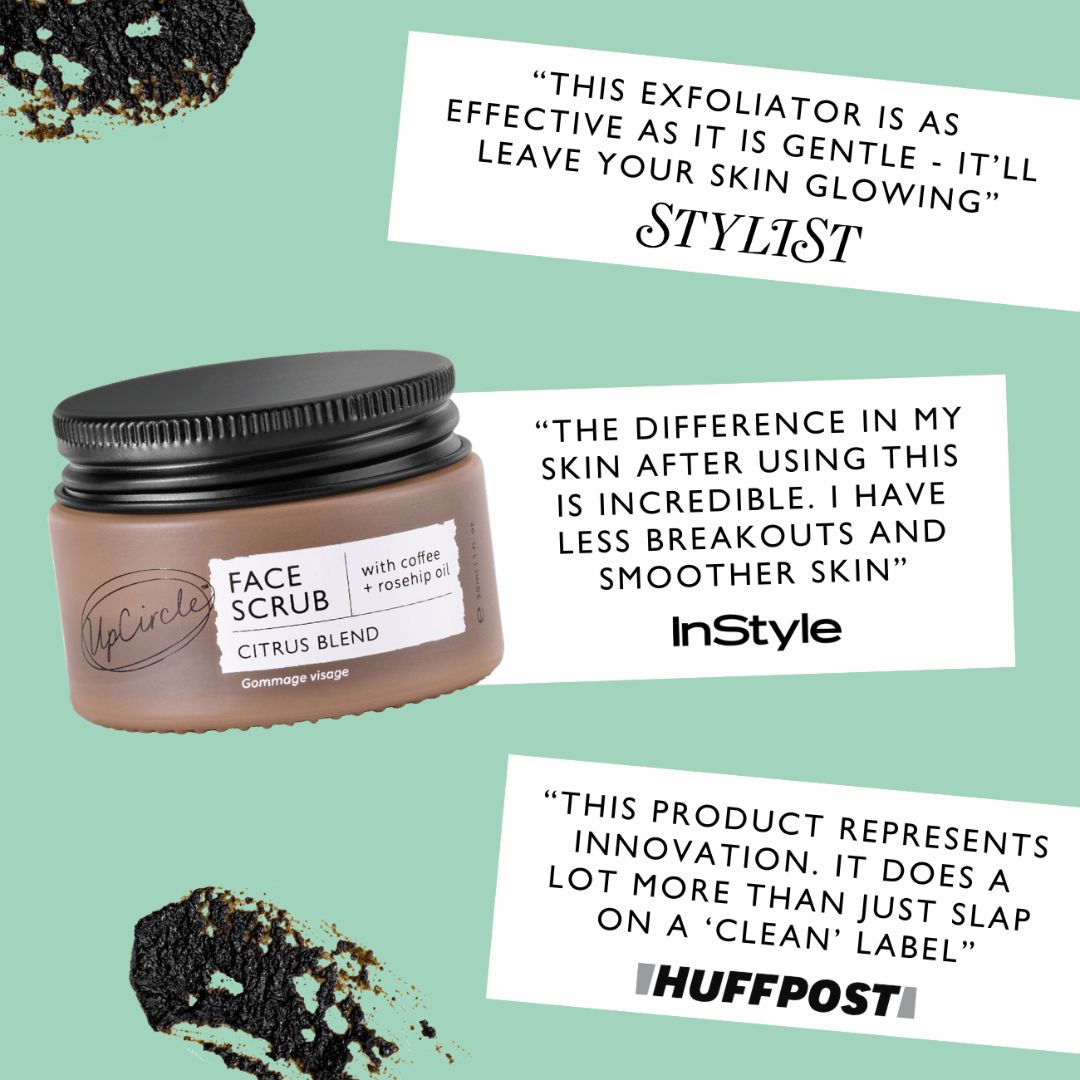 Face scrub jar with text on a green background