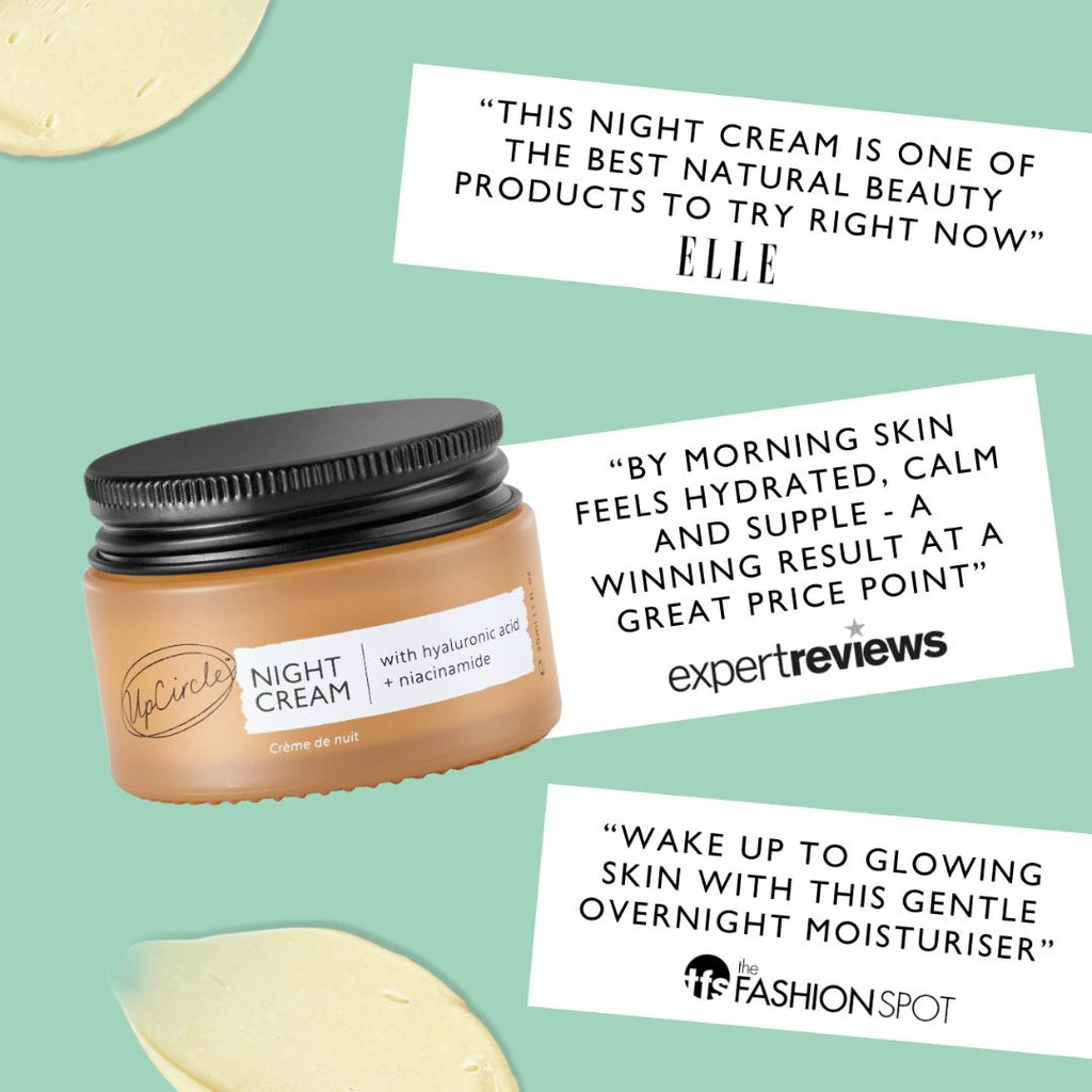 Jar of night cream with positive reviews on a green background
