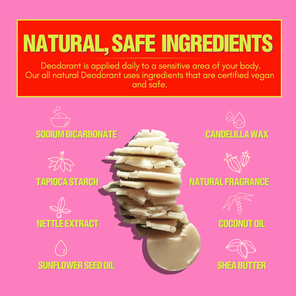 Deodorant with natural ingredients listed on a pink background