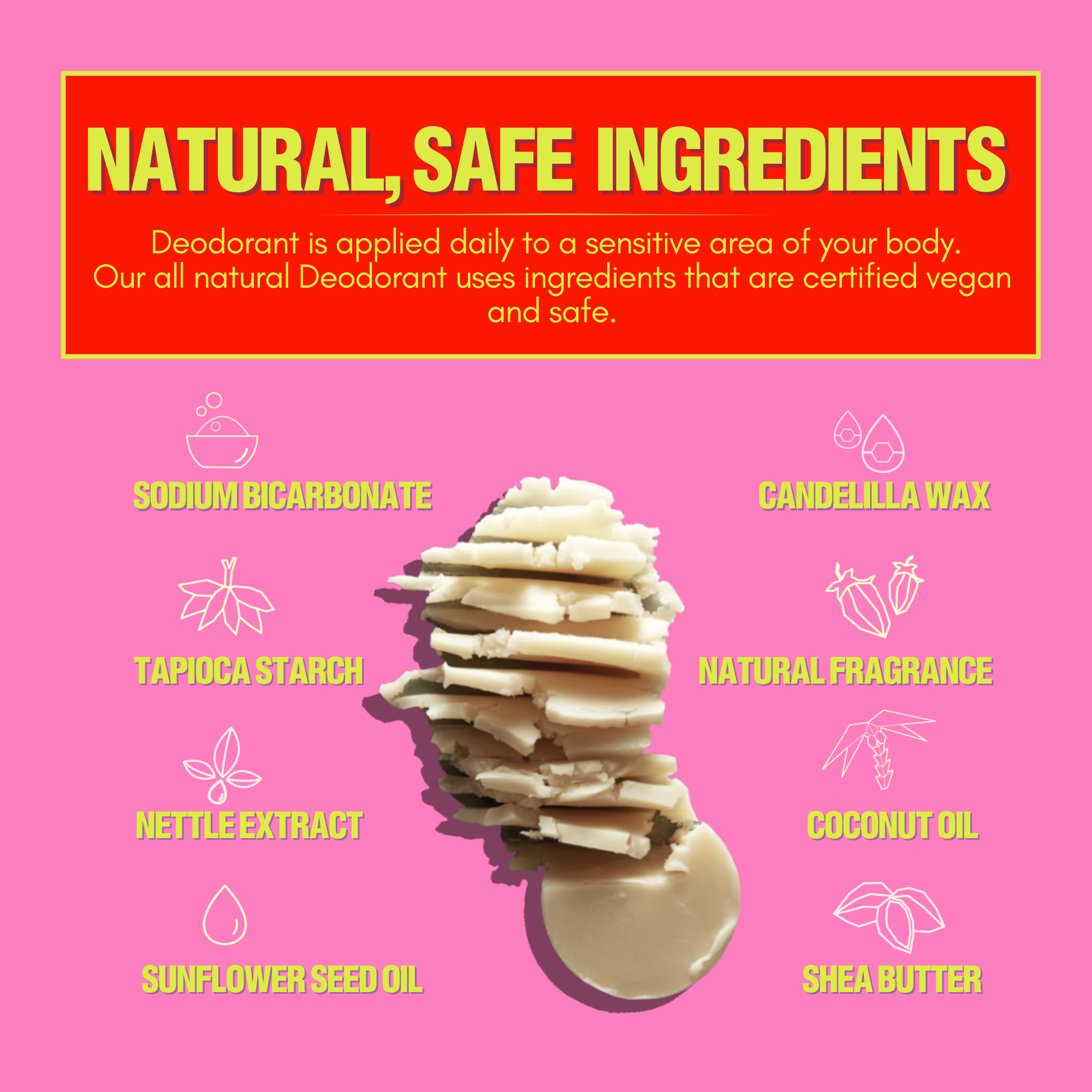 Deodorant with natural ingredients listed on a pink background
