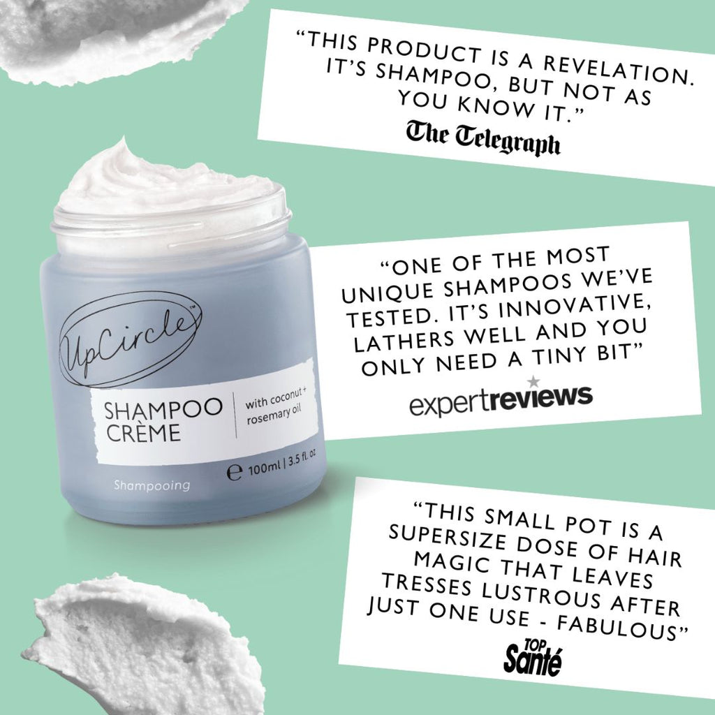 UpCircle Shampoo Crème jar with product descriptions on a green background