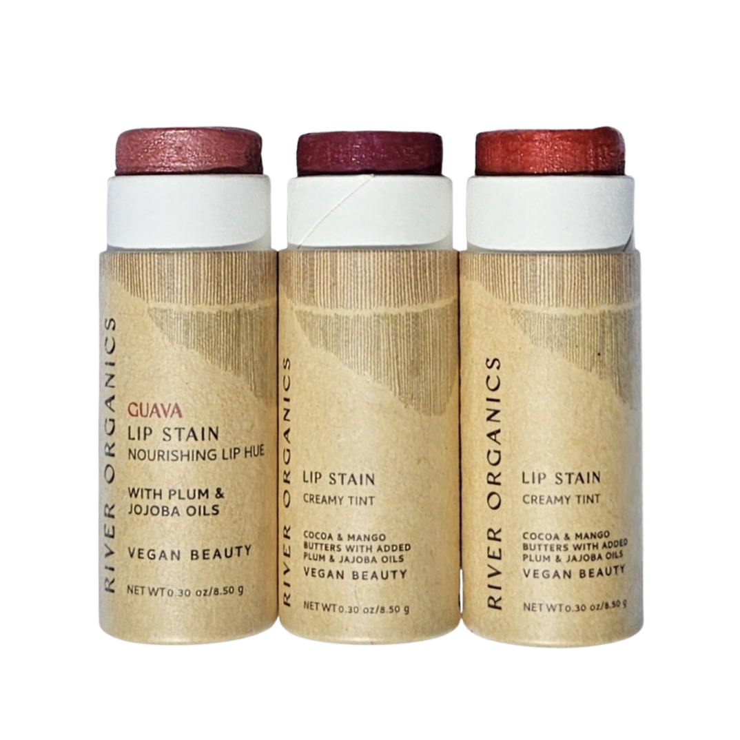 Three River Organics lip stain products on a transparent background