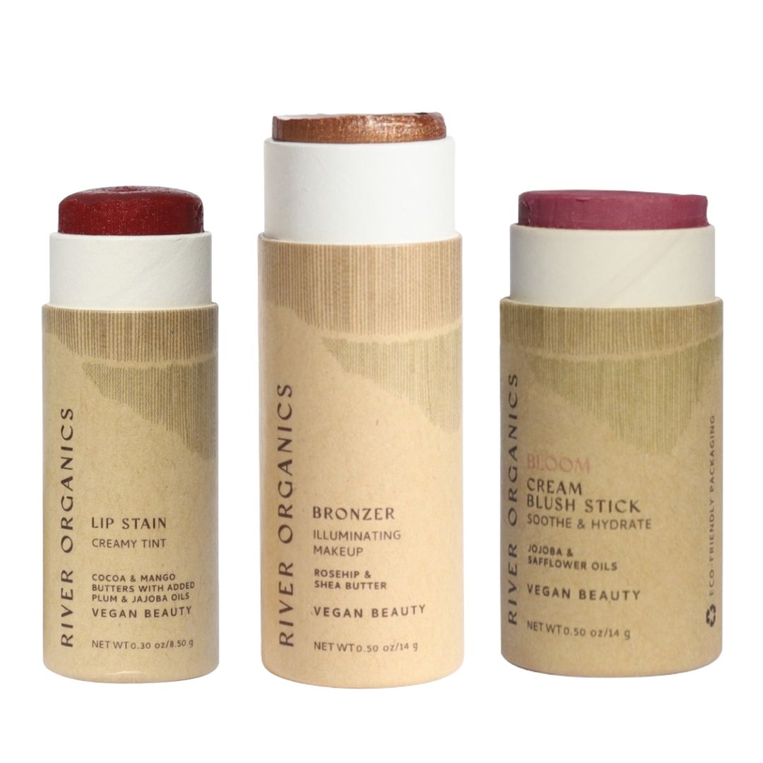 Three River Organics makeup products on a white background