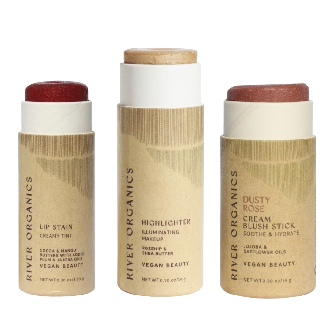 Three River Organics makeup products on a white background