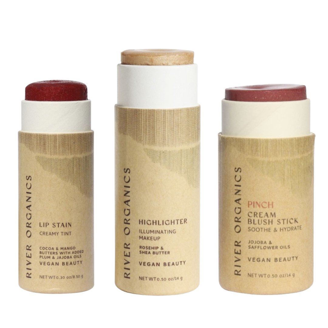 Three River Organics makeup products on a white background