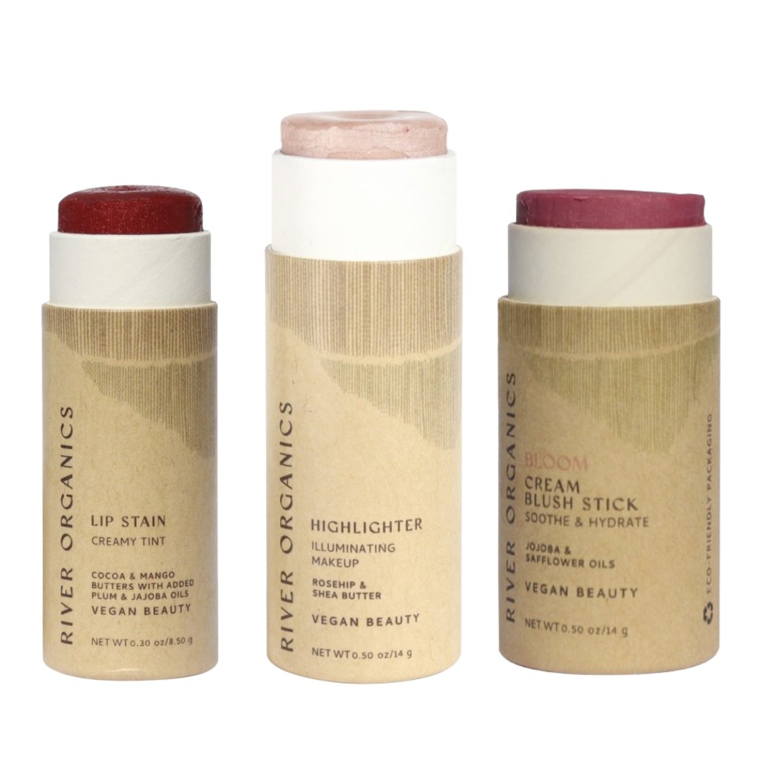 Three River Organics makeup products on a white background