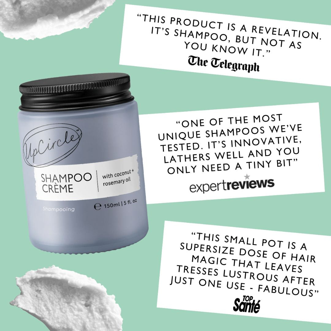 UpCircle Shampoo Crème jar with positive reviews on a light green background