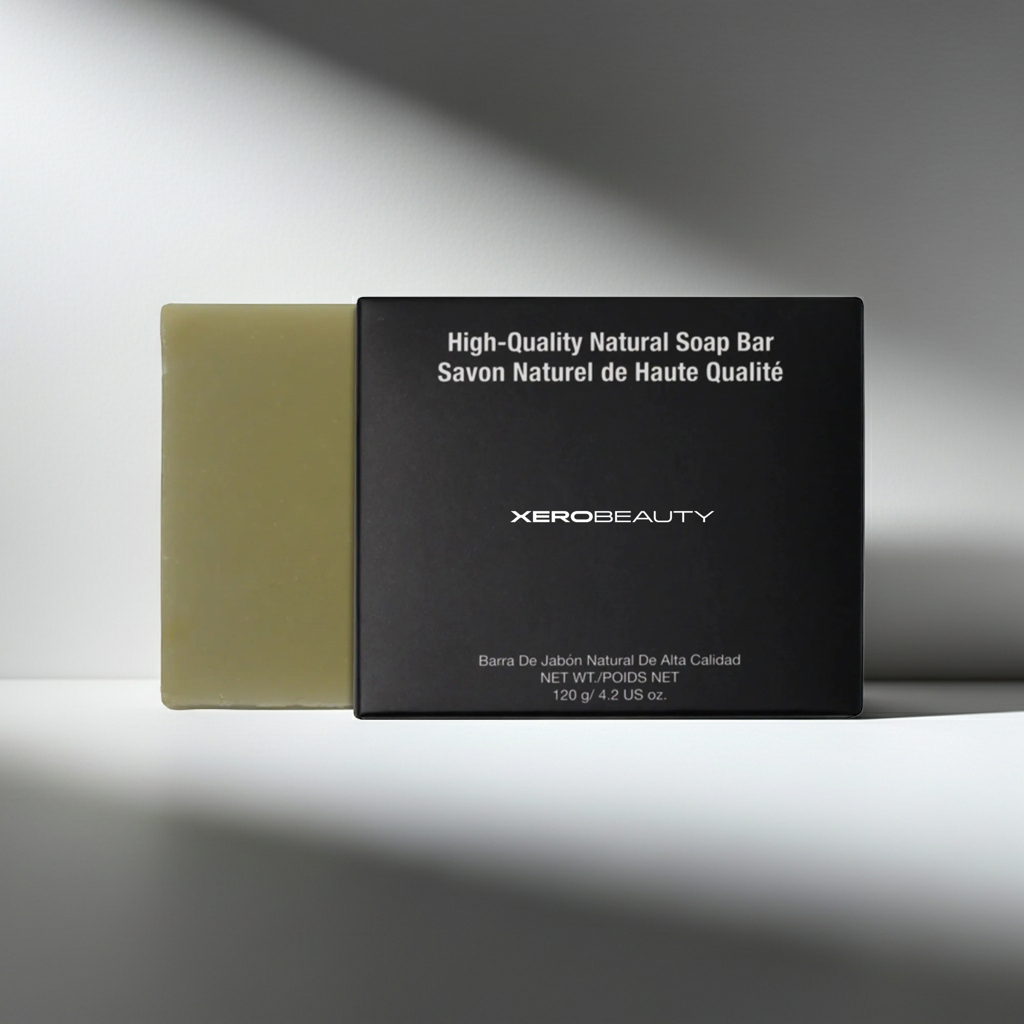 Xero Beauty high-quality natural soap bar with packaging on a gray background