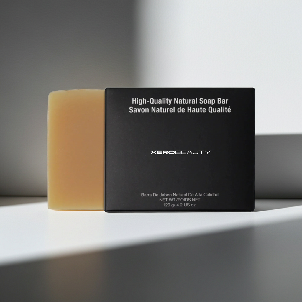 Xero Beauty high-quality natural soap bar on a gray surface with a neutral background