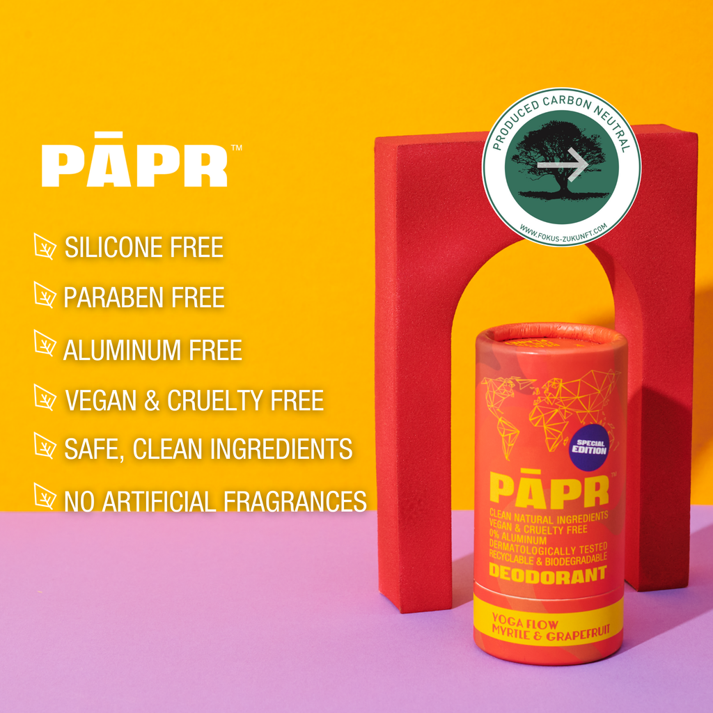 PAPR deodorant with branding and product features on a colorful background