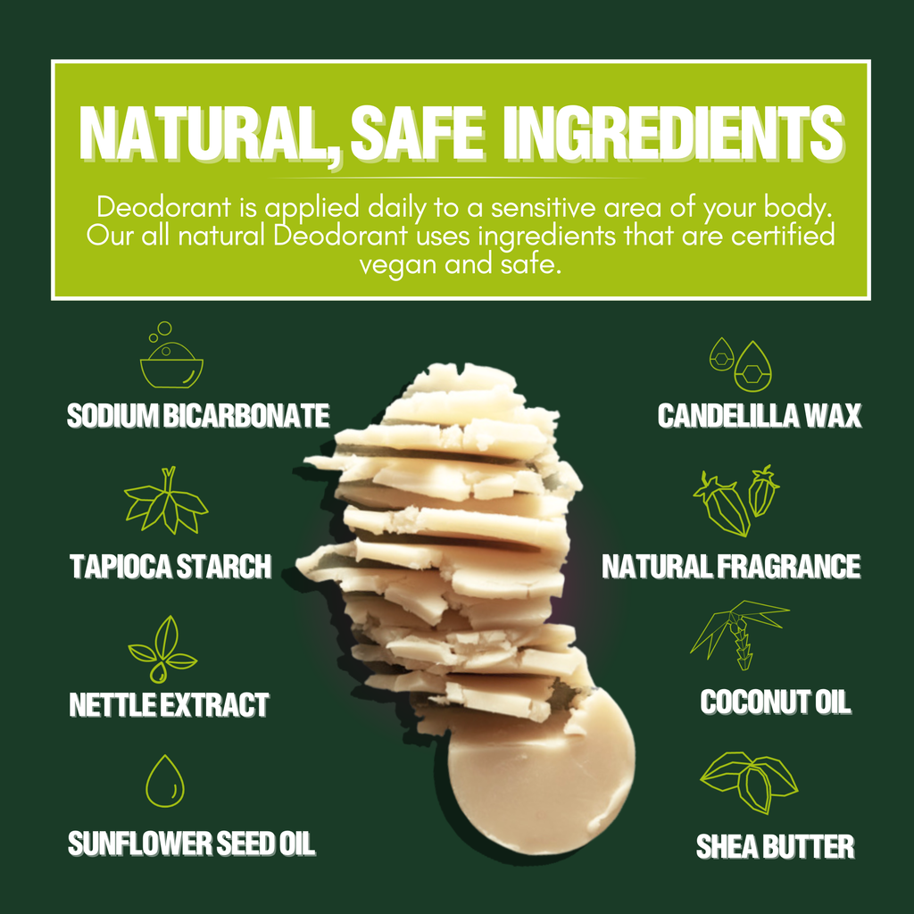 Deodorant with natural ingredients listed on a green background