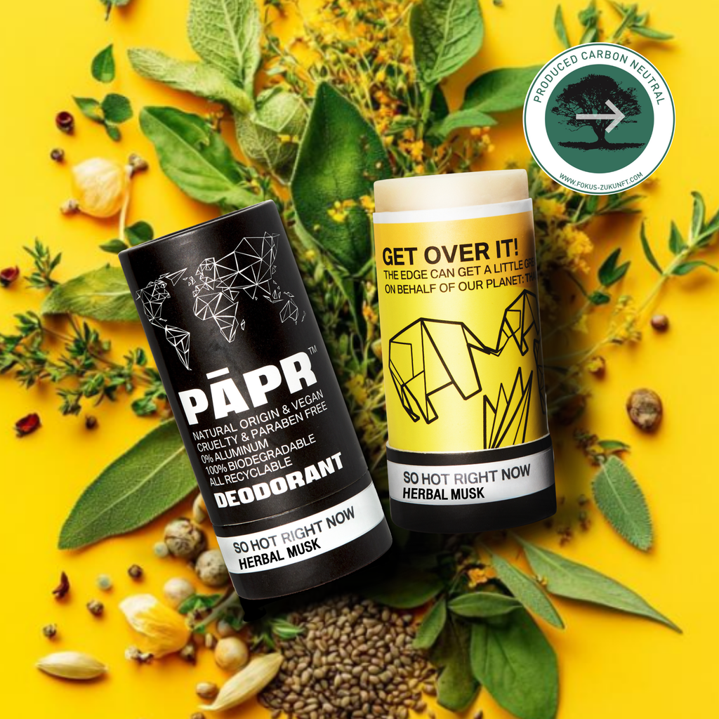 Deodorant packaging with natural elements on a yellow background, featuring the brand 'PAPR'.