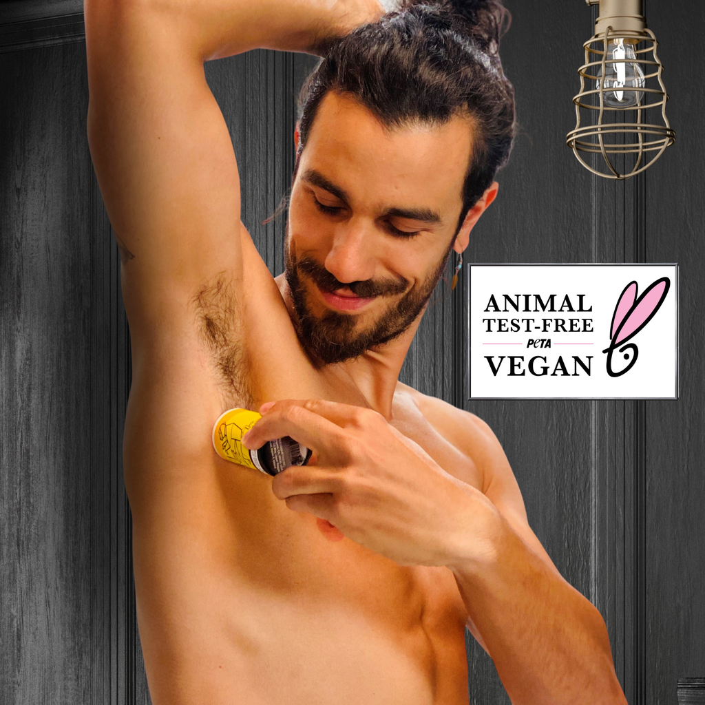 Man applying deodorant with a 'Vegan' and 'Animal Test-Free' logo in the corner.