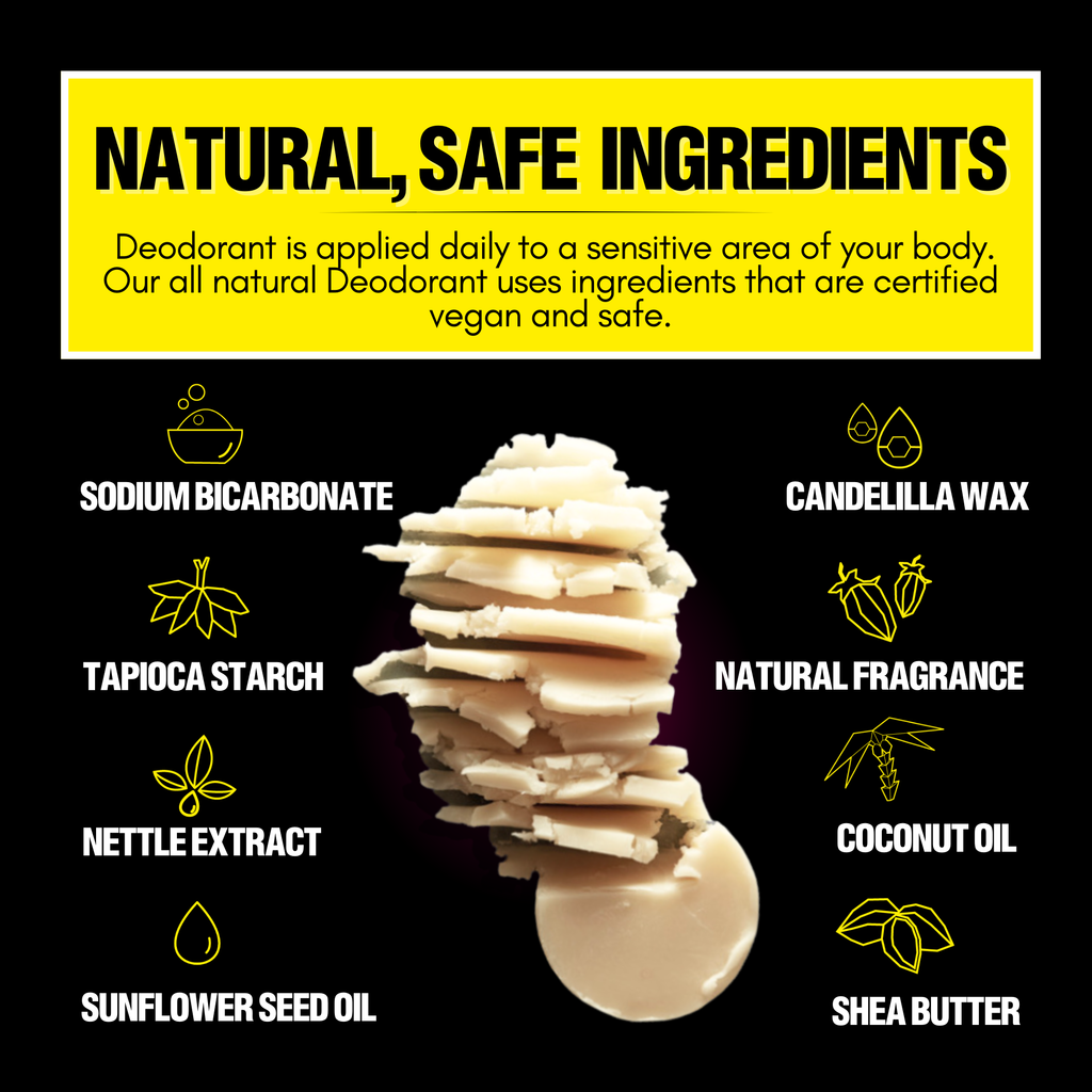Deodorant with natural ingredients listed on a black background