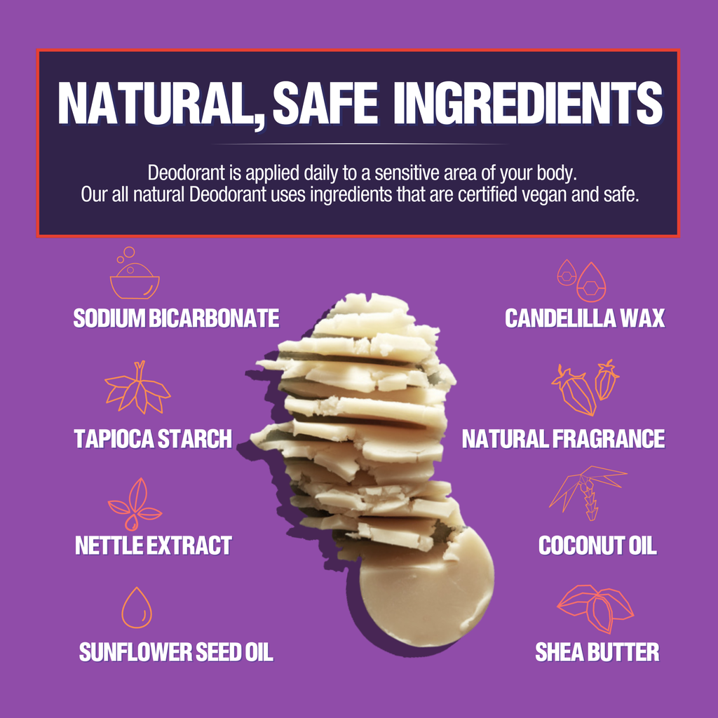 Deodorant with natural ingredients listed on a purple background