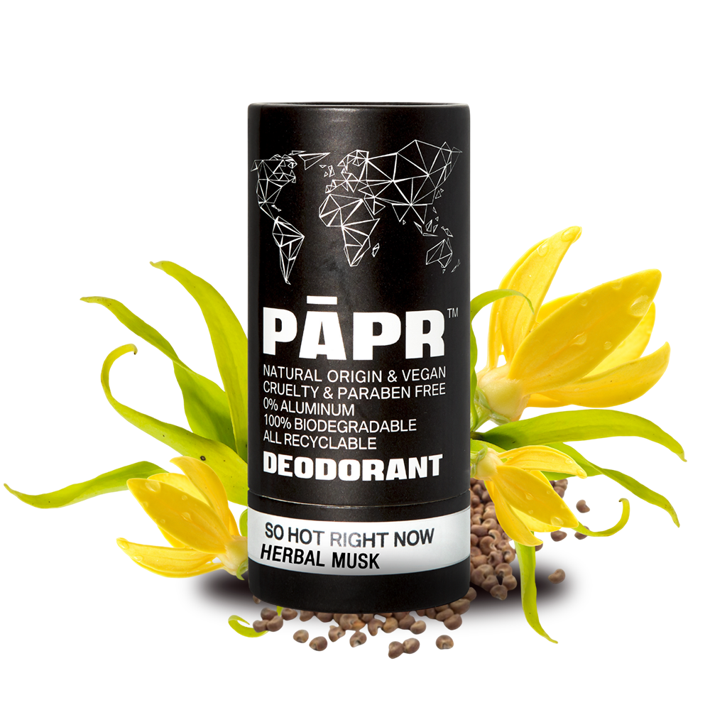 PAPR deodorant container with yellow flowers and herbs on a transparent background