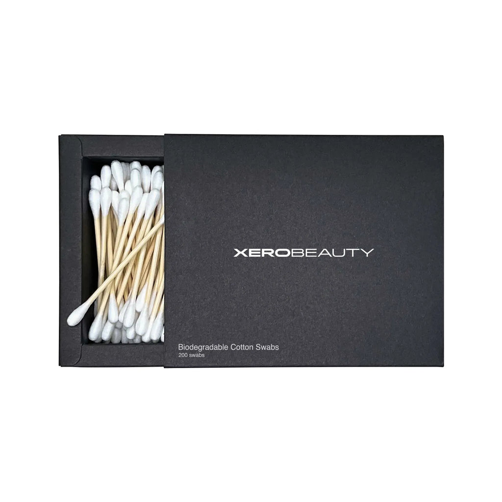 Black box of Xero Beauty biodegradable cotton swabs on a white background