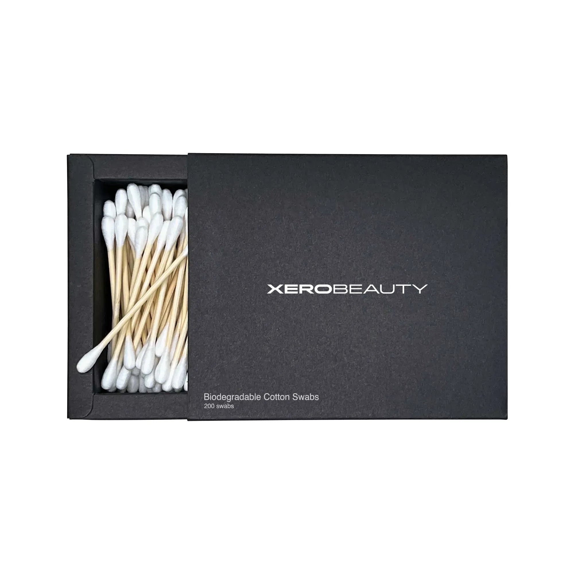 Black box of Xero Beauty biodegradable cotton swabs on a white background