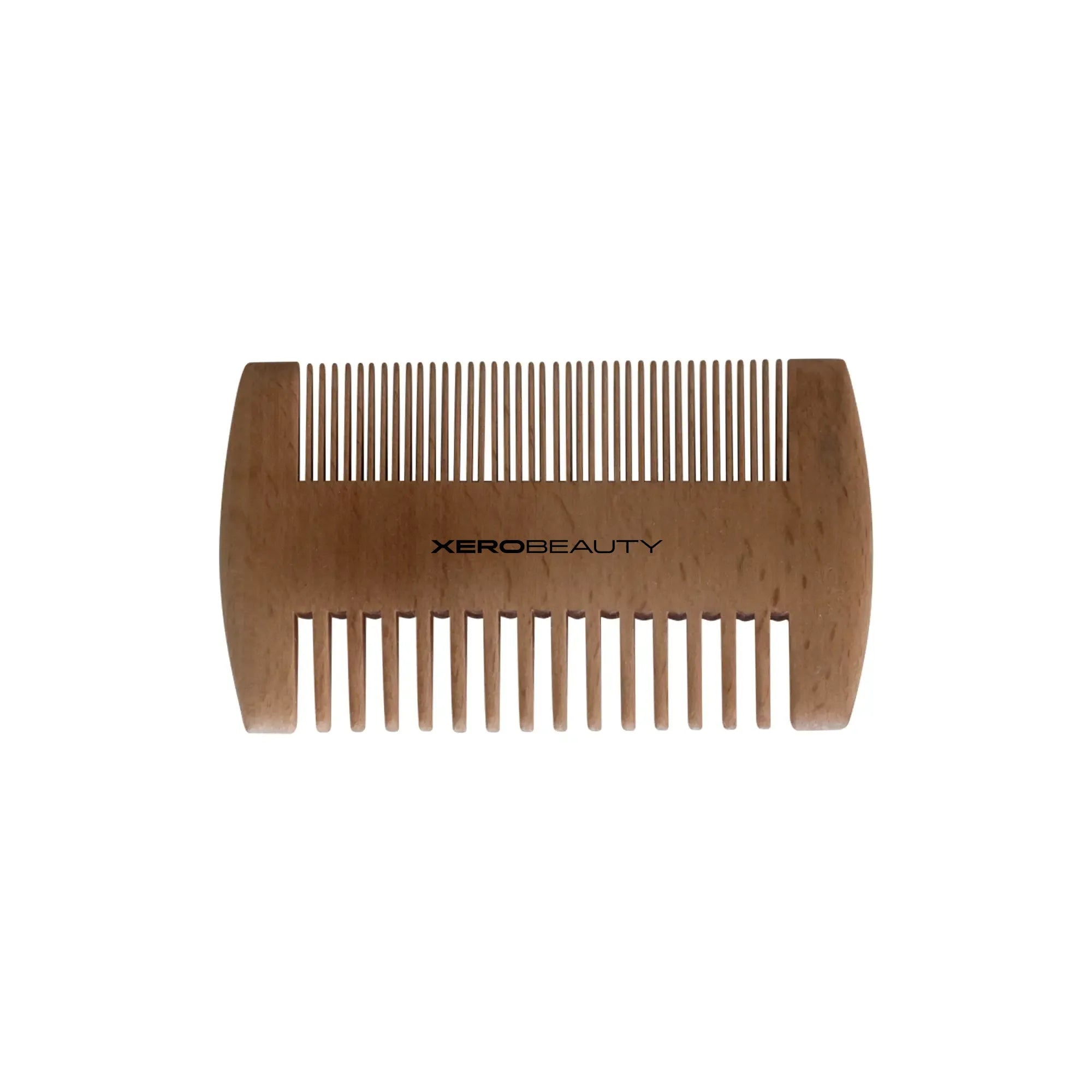 Double-sided bamboo comb on a white background, branded 'Xero Beauty'.