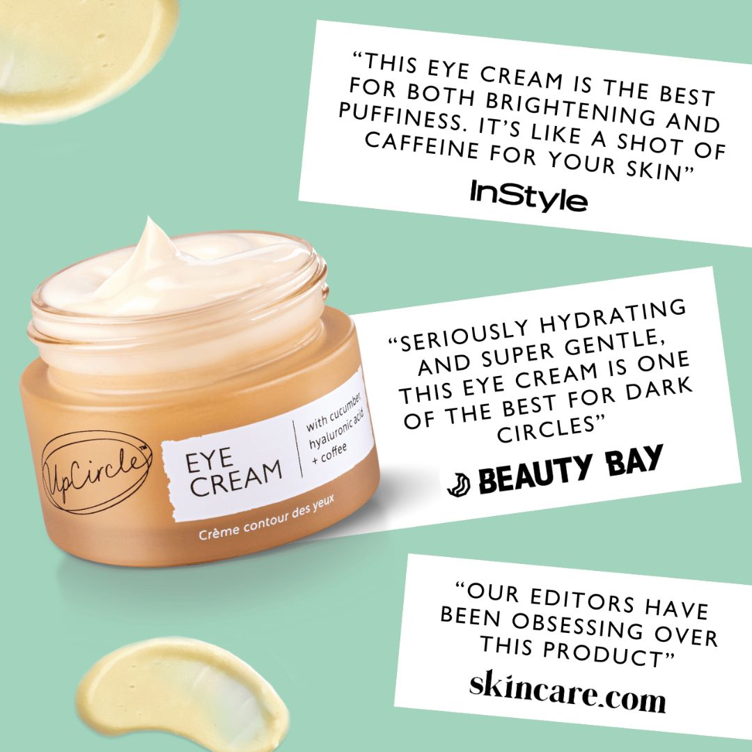 UpCircle eye cream jar with positive reviews on a green background