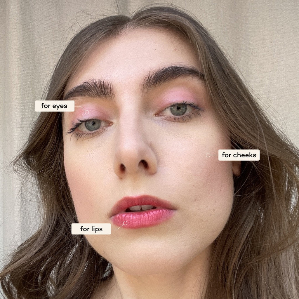 Close-up of a person with makeup labeled for eyes, cheeks, and lips.