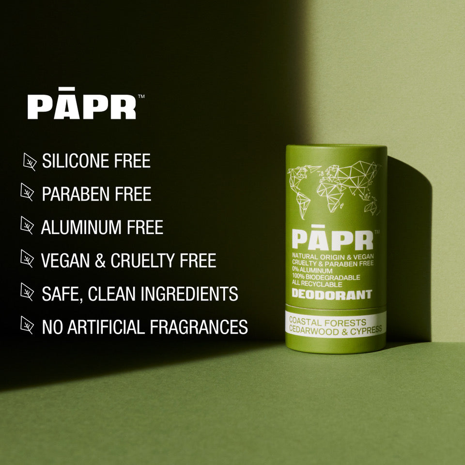 Green deodorant container with PAPR branding on a green background