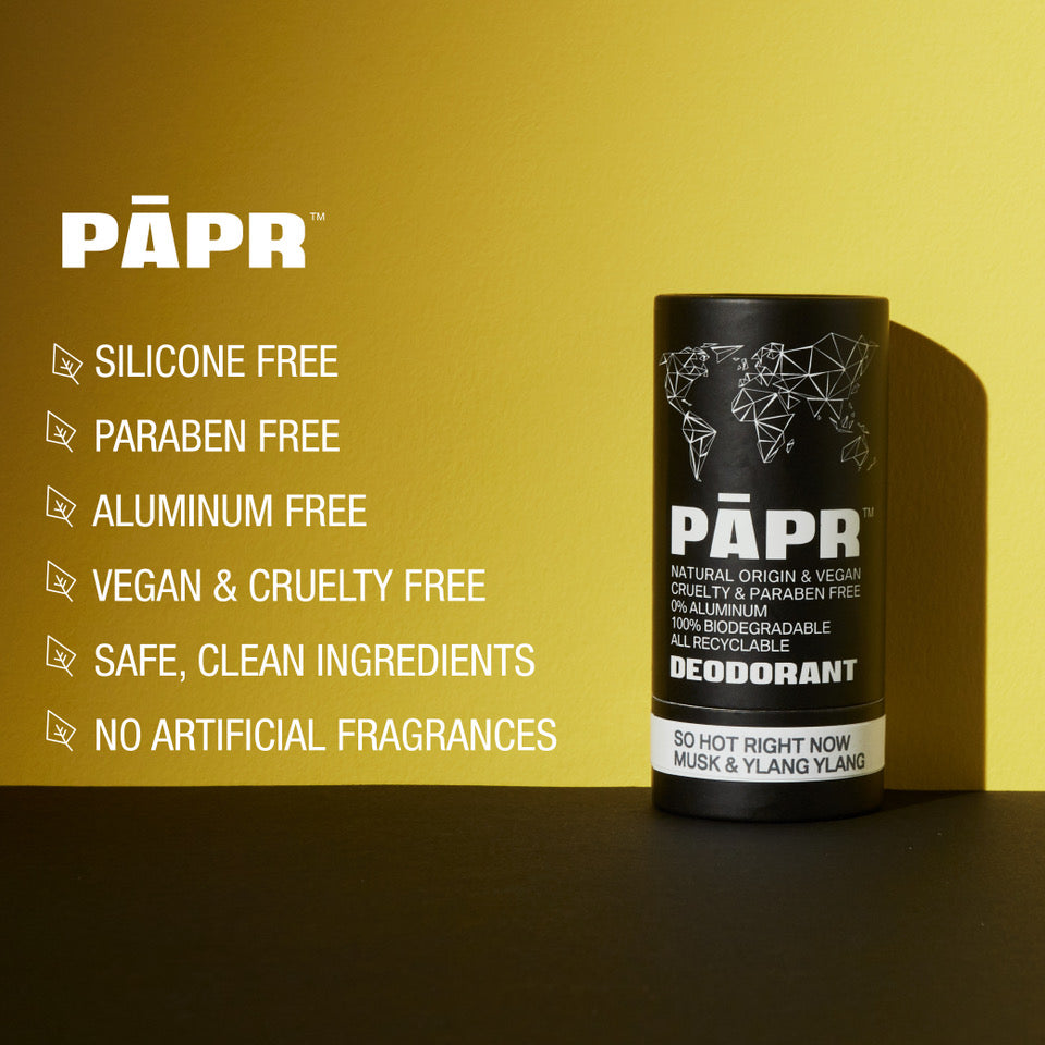 PAPR deodorant tube with features listed on a yellow background