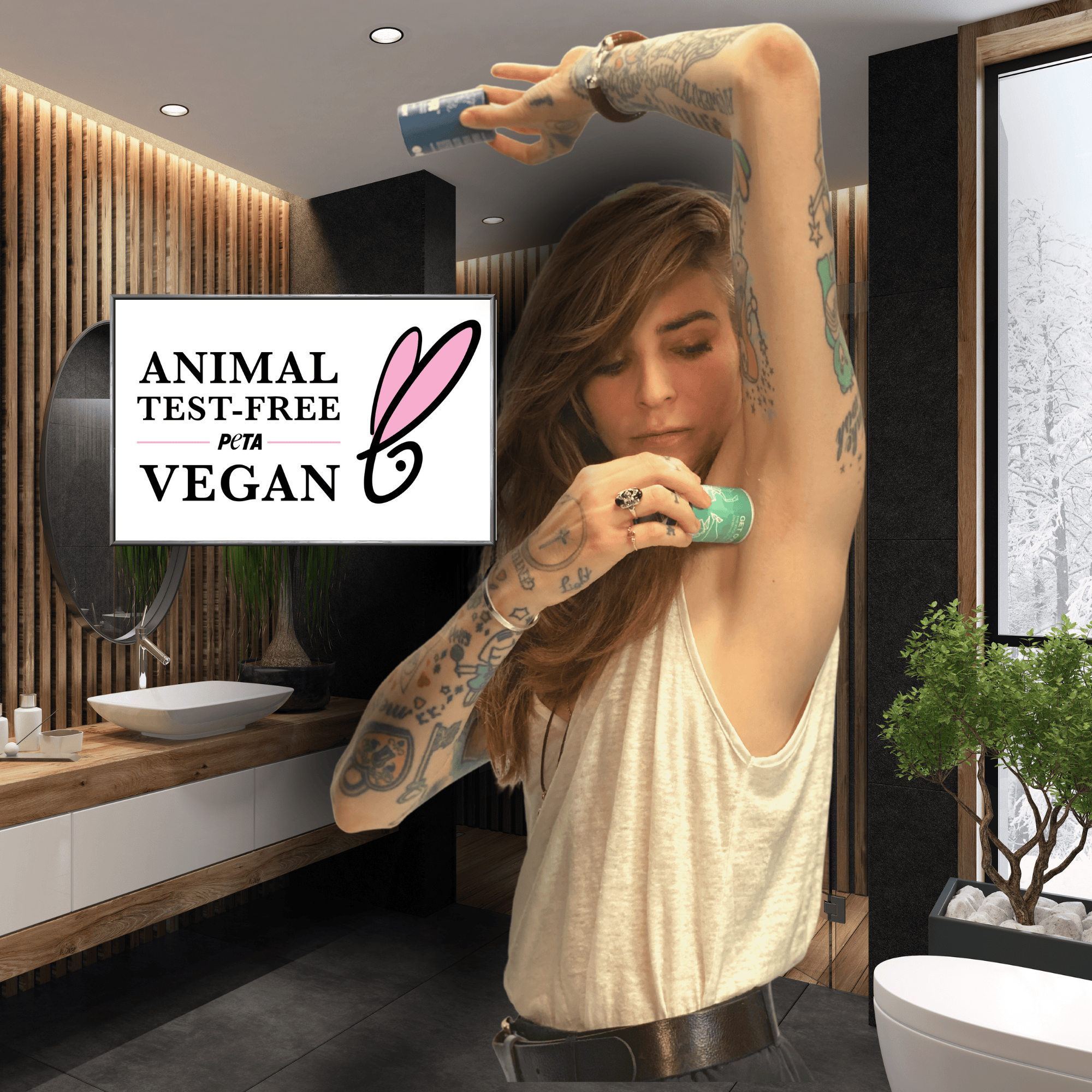 Woman applying deodorant in a bathroom with a PETA Vegan logo displayed.