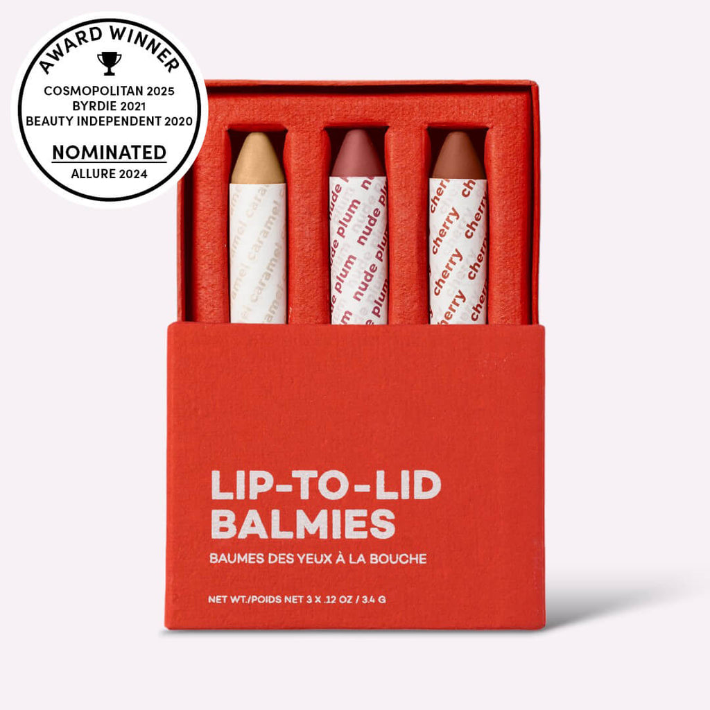 Red box of 'Lip-To-Lid Balmies' with three lip balms inside on a white background.