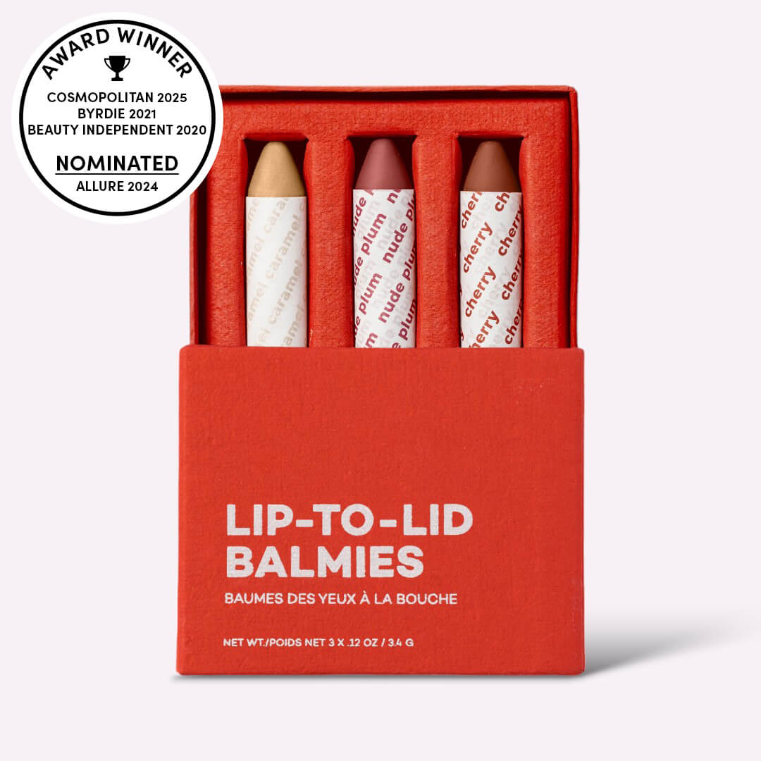Red box of 'Lip-To-Lid Balmies' with three lip balms inside on a white background.