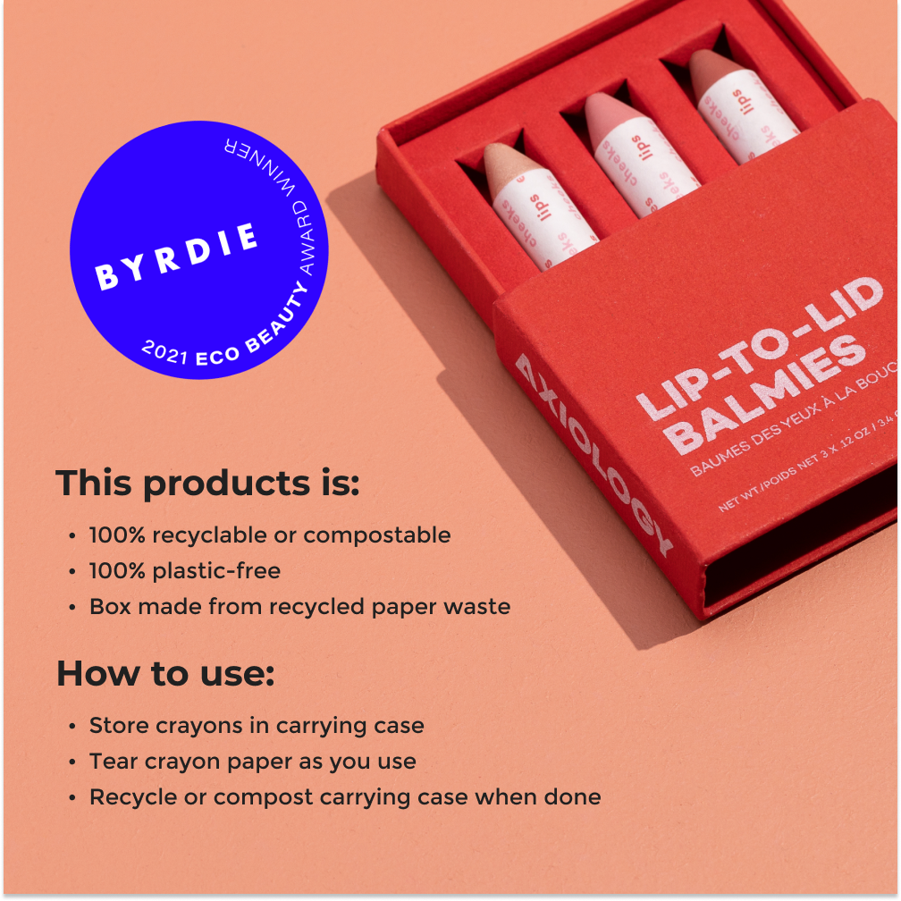 Red box of Axiology lip-to-lid balms with Byrdie 2021 Eco Beauty Award badge on peach background