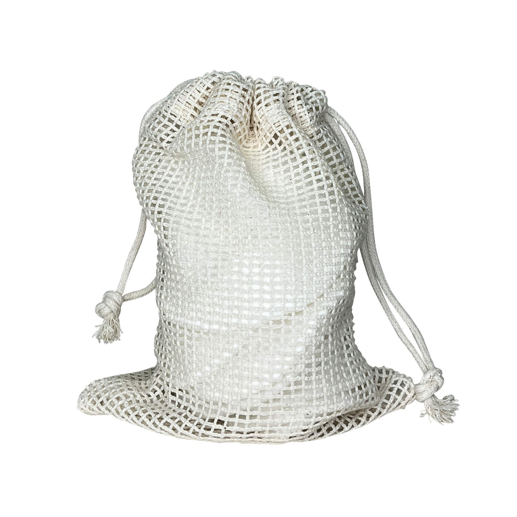 White mesh drawstring bag on a white background