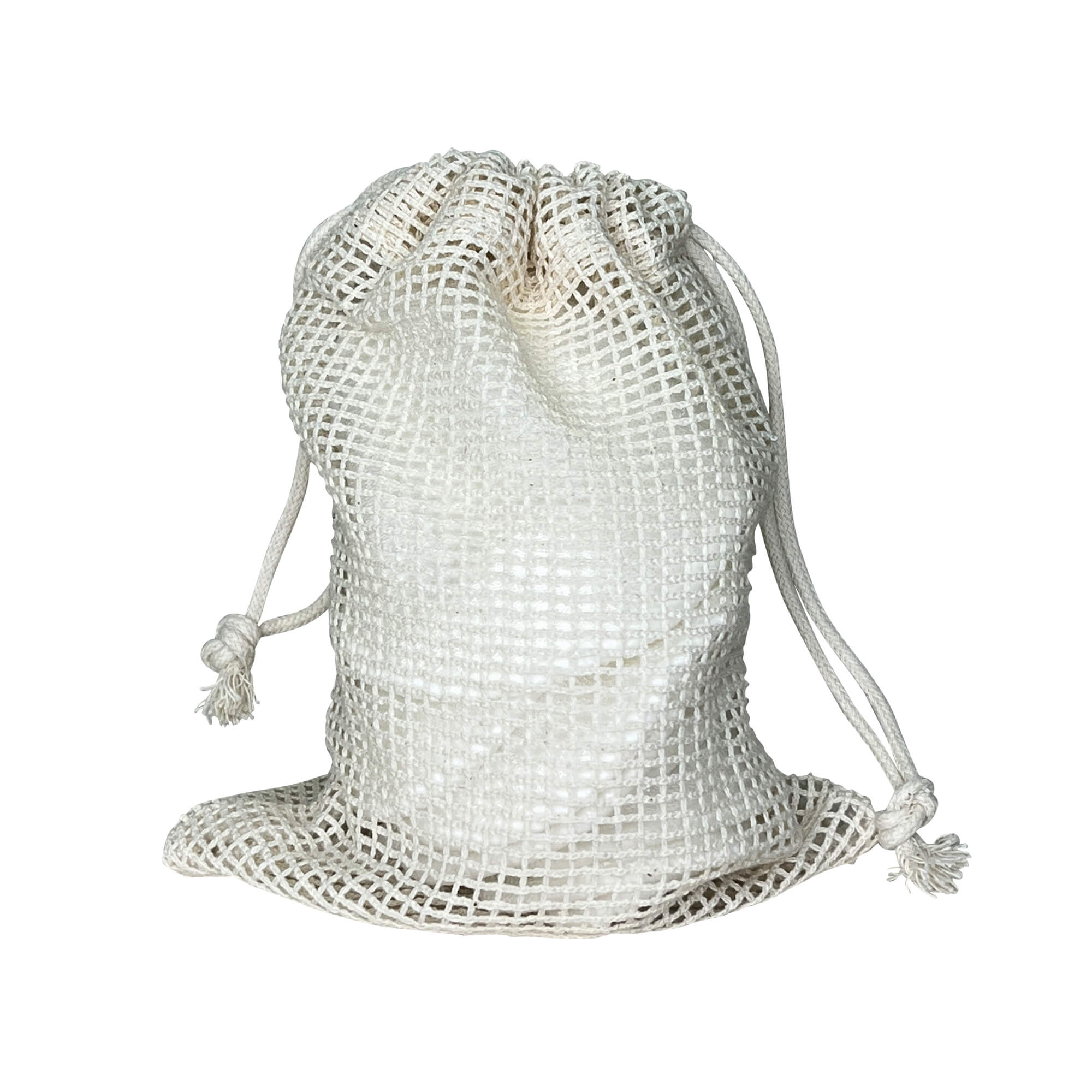 White mesh drawstring bag on a white background