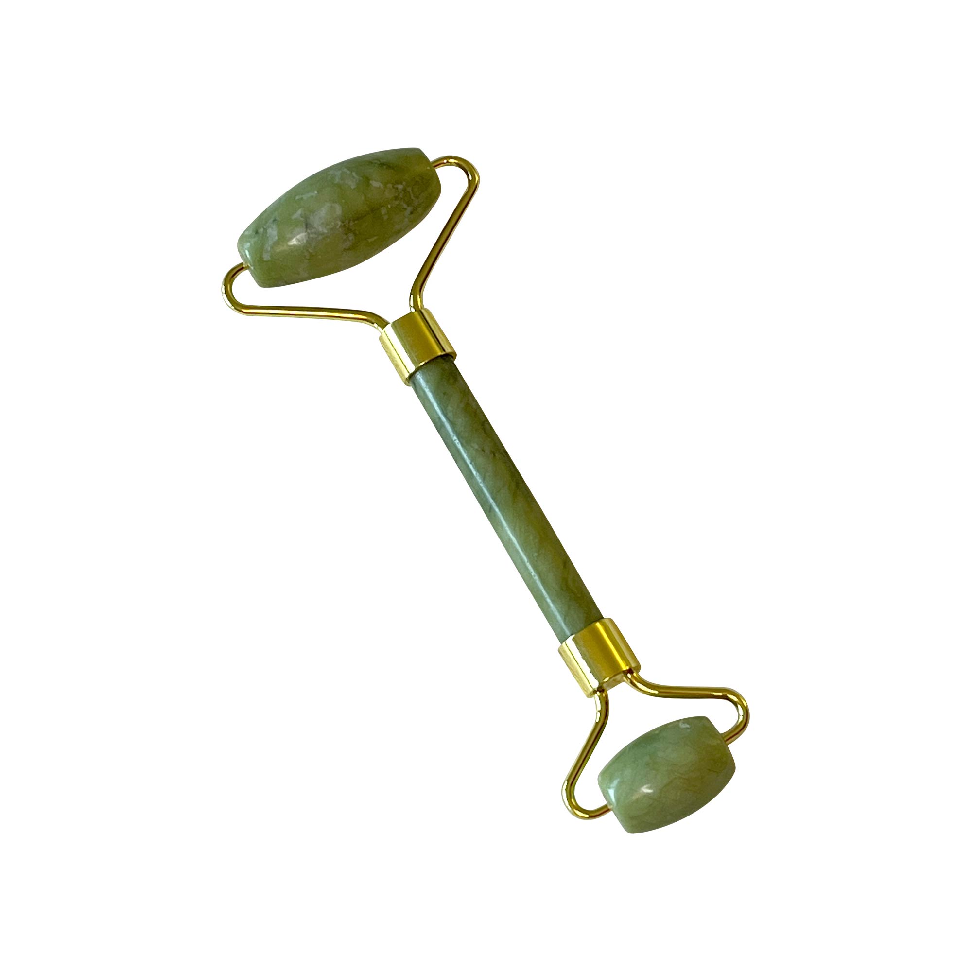 Green jade roller with gold accents on a white background