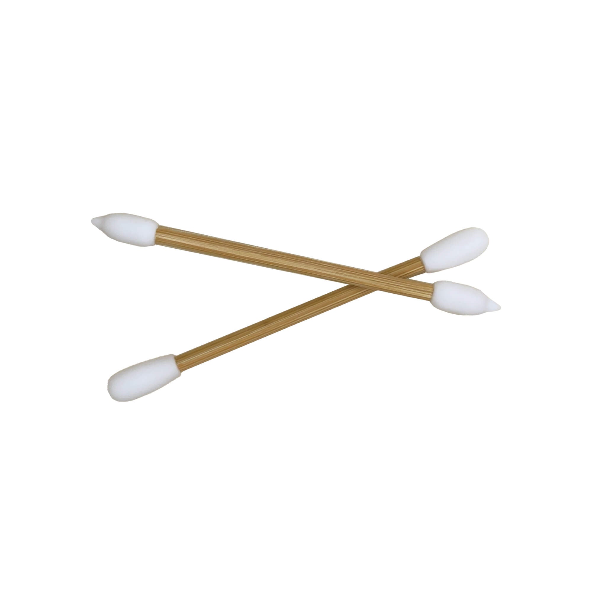 Two bamboo swabs with white silicone tips on a white background