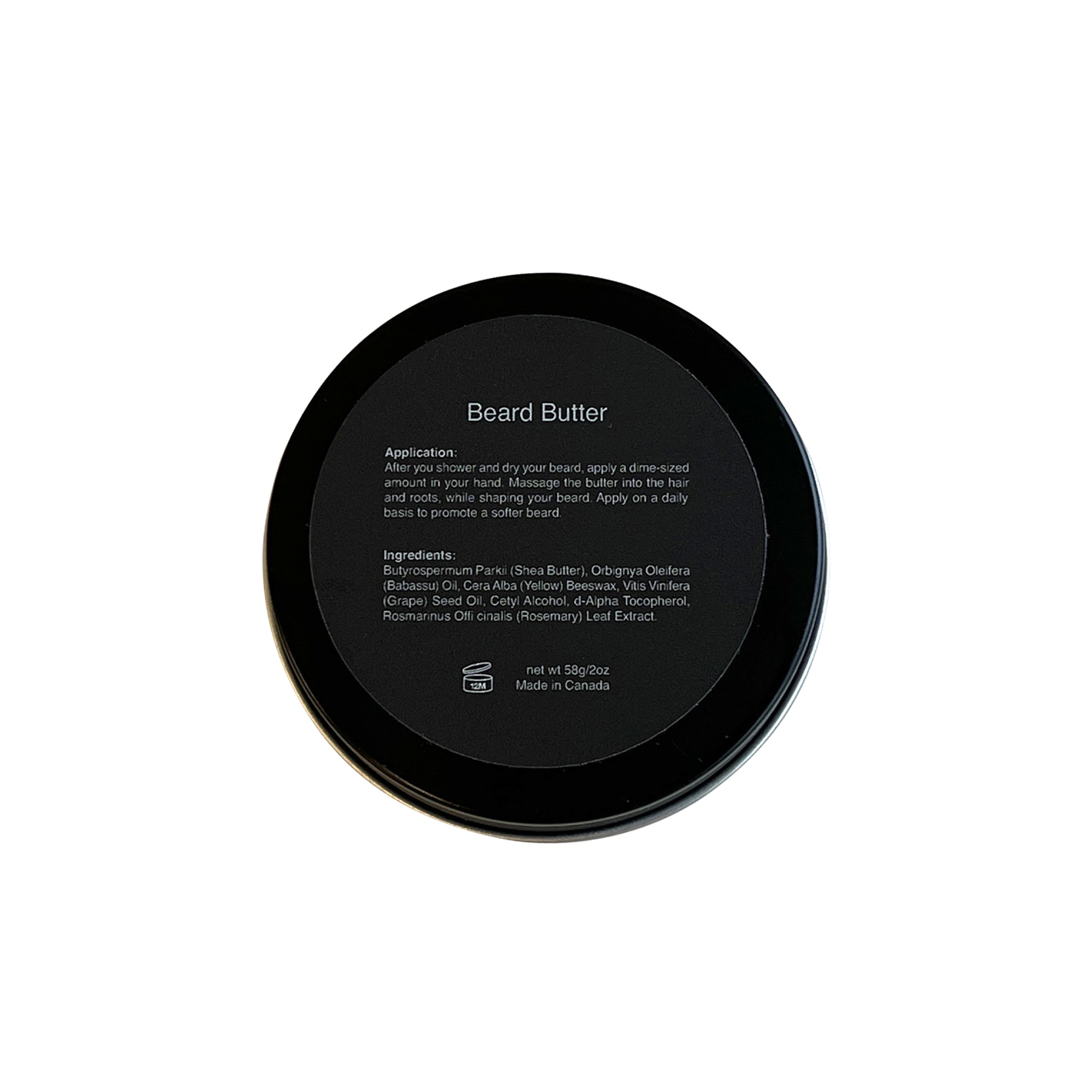 Ingredients list on back of a black container with text 'Beard Butter"