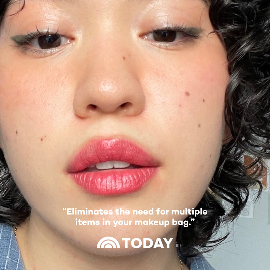 Close-up of a person's face wearing makeup with text about makeup products, featuring the TODAY brand.