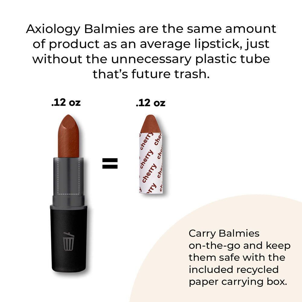 Comparison of Axiology balmies and lipstick with text about sustainability.