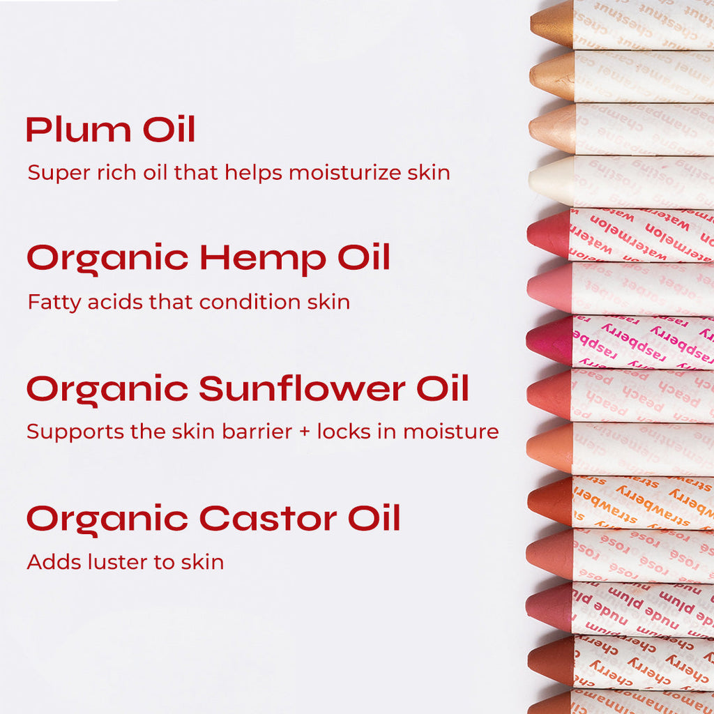 Lip balm packaging with text about plum oil, organic hemp oil, organic sunflower oil, and organic castor oil on a white background.